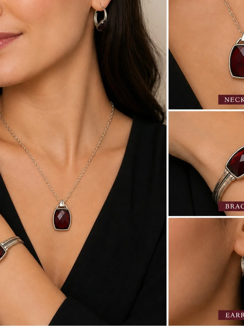 Red Stone Jewelry Set Necklace Bracelet Earrings Silver Tone